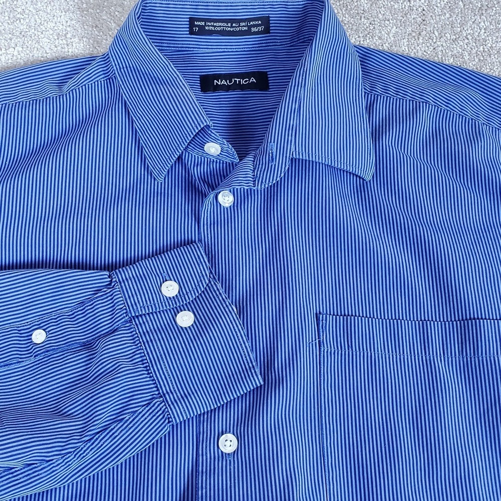 Nautica Shirt Men's Blue on Blue Pinstripe Size 17 36-37 Long Sleeve